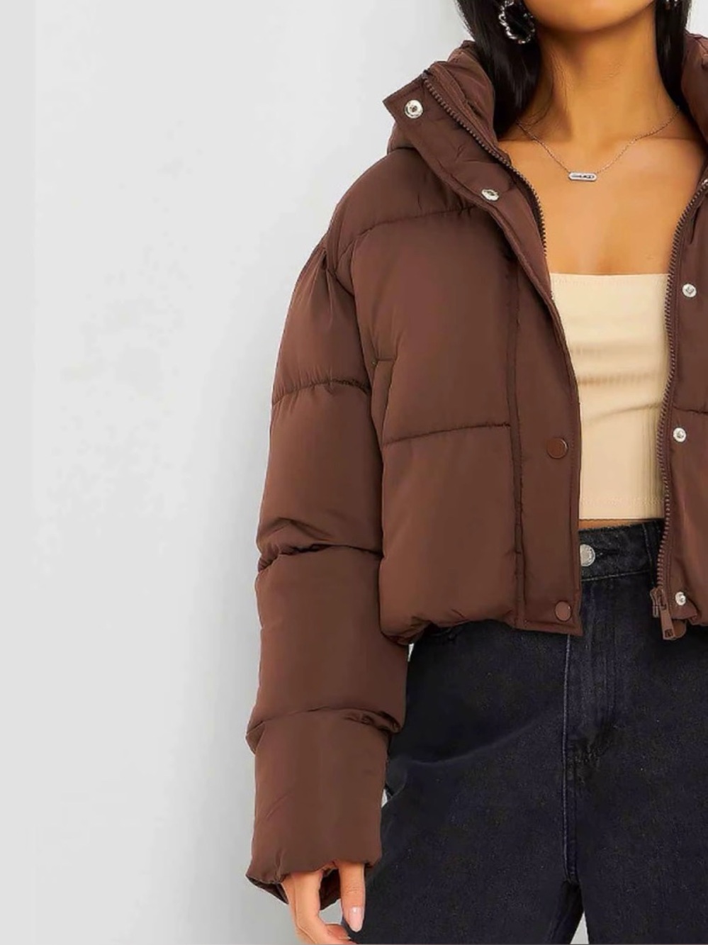 Cropped Brown Puffer Jacket with High Collar